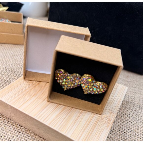 Glitter Gold Heart Stud Earrings Sparkling Rhinestones - Picture 2 of 5